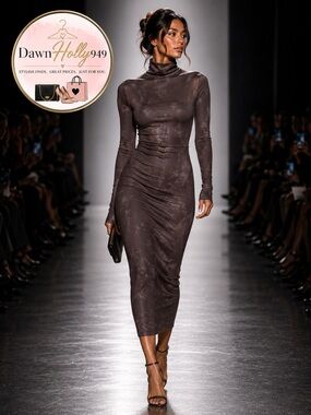 Turtleneck Long Sleeve Midi Dress in Brown